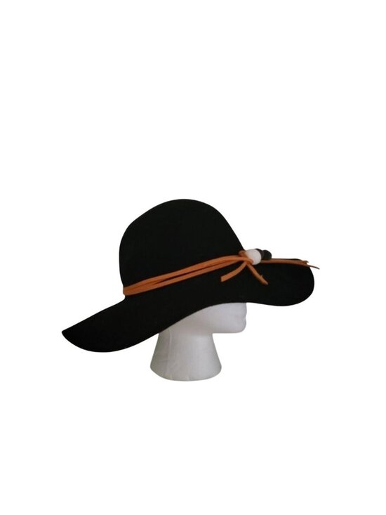 Wide Brim Black Wool  Hat With Brown Ribbon & Decorative Pom-Poms main image 7